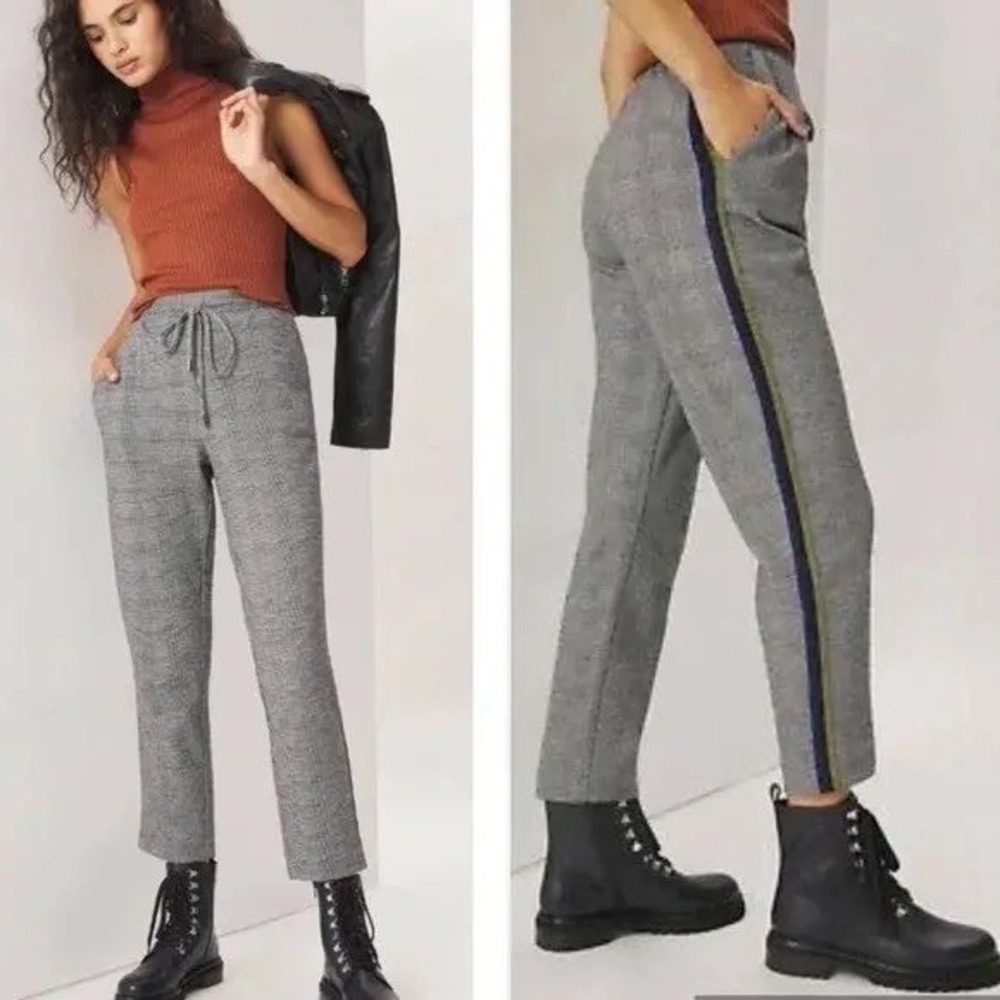Maeve Anthropologie Bettie Tapered Jogger Pants Grey Glen Plaid Tuxedo Stripe XS